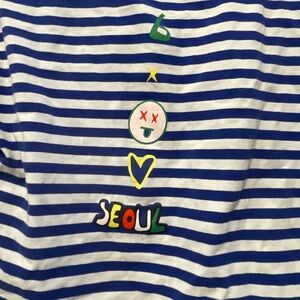 Blue and White Long Sleeve Tee with Graphic Design